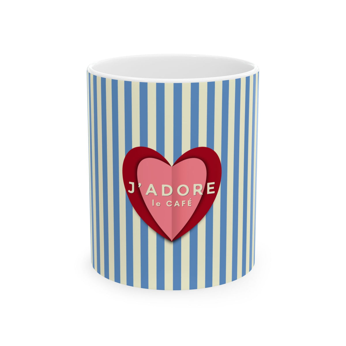 J'adore le Café Heart Stripe Mug, BLUE  — Coffee Lover Gift