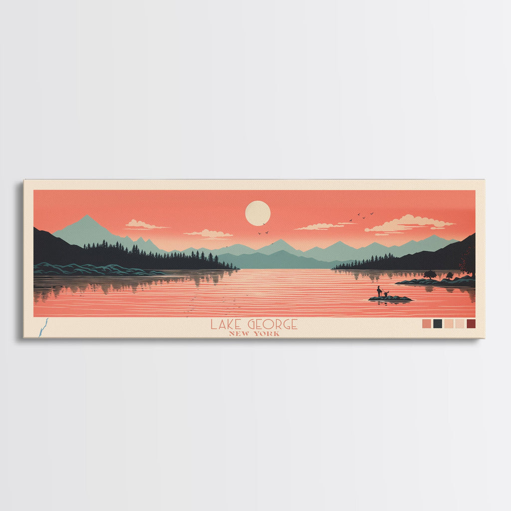 Lake George New York Framed Canvas Print, Panoramic Art, Midcentury Modern, Pop Art, Living Room Wall Art, Travel Poster, Lake House Decor