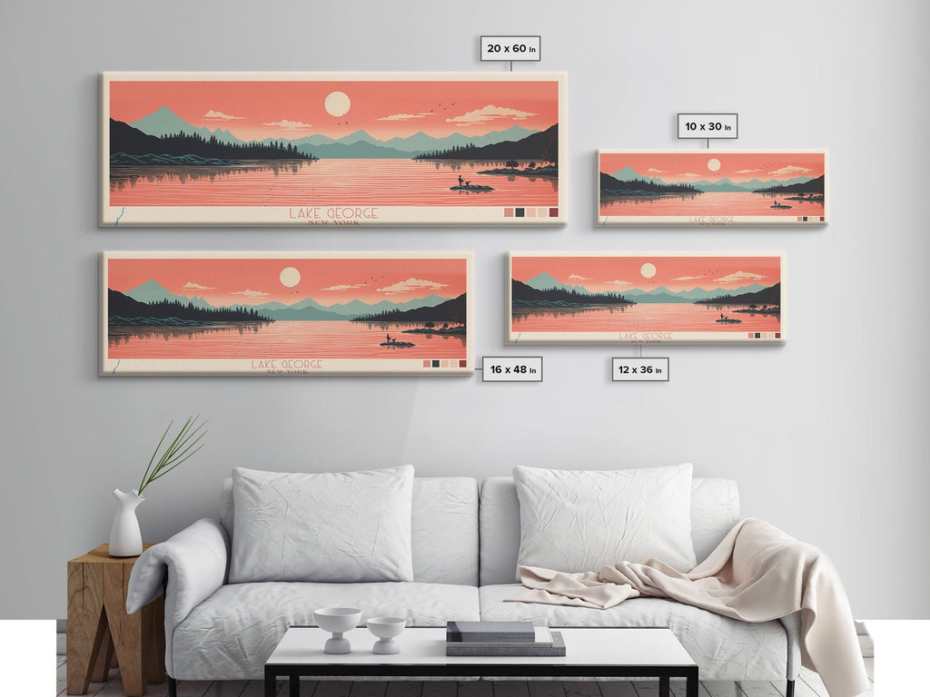Lake George New York Framed Canvas Print, Panoramic Art, Midcentury Modern, Pop Art, Living Room Wall Art, Travel Poster, Lake House Decor