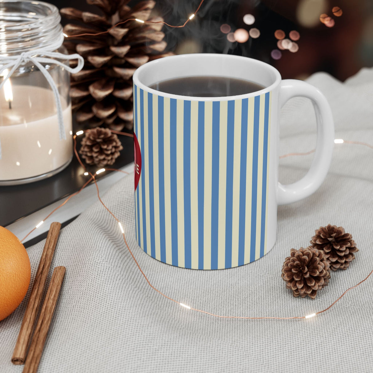 J'adore le Café Heart Stripe Mug, BLUE  — Coffee Lover Gift