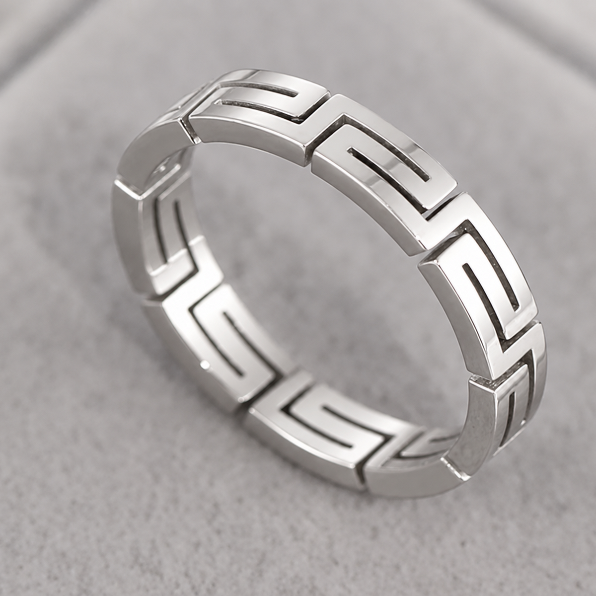 Silver Tone Titanium Steel Greek Key Meander Ring