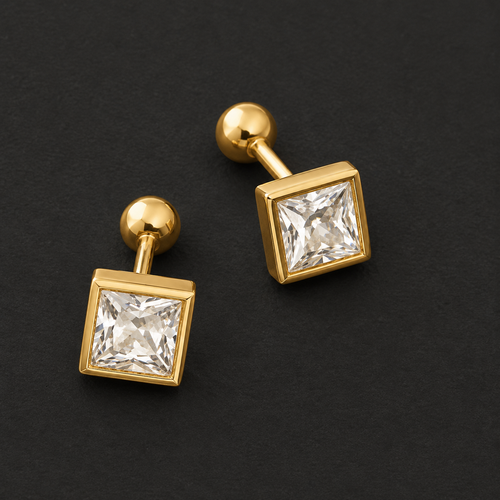 Gold square cubic zirconia screw-back stud earrings on a dark background