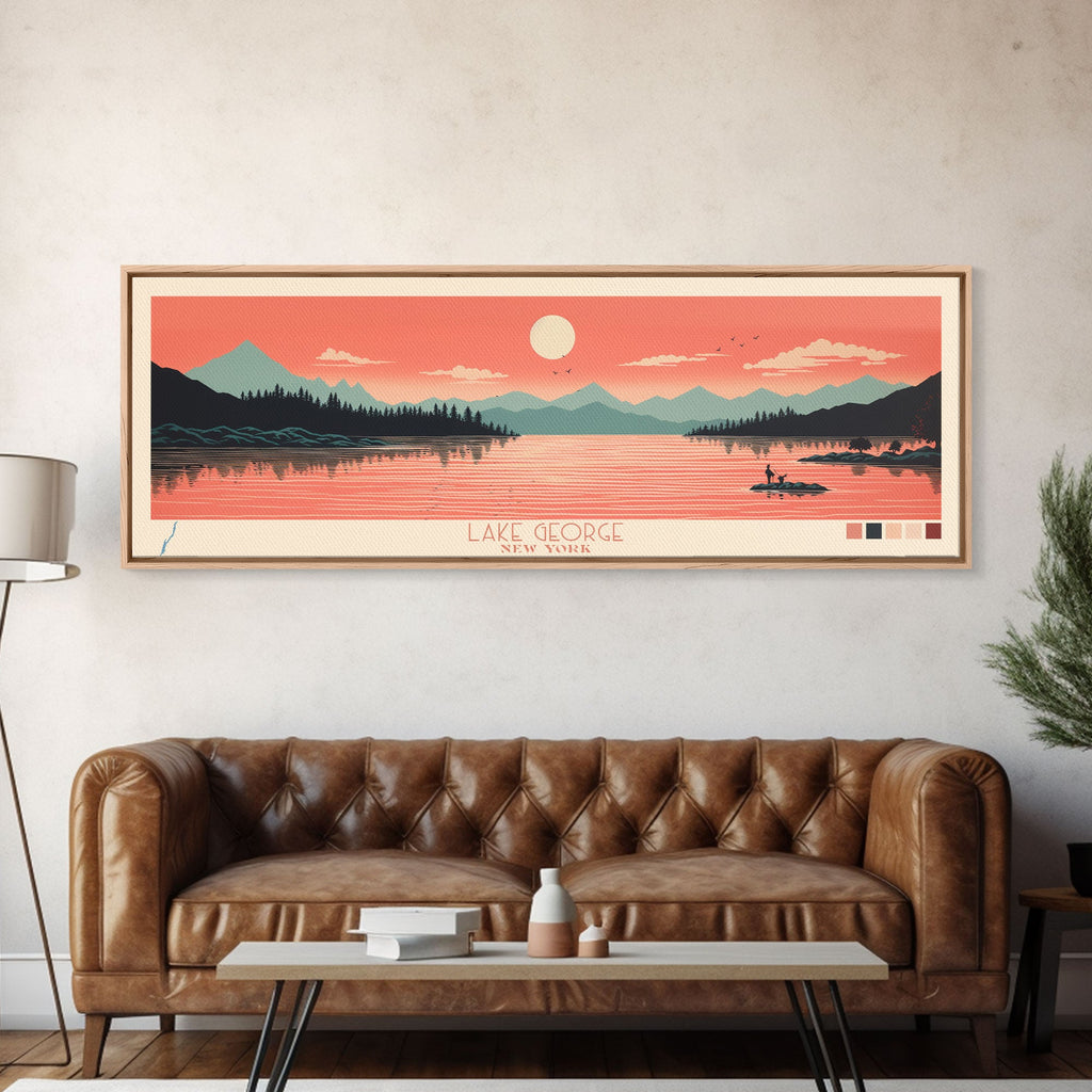 Lake George New York Framed Canvas Print, Panoramic Art, Midcentury Modern, Pop Art, Living Room Wall Art, Travel Poster, Lake House Decor