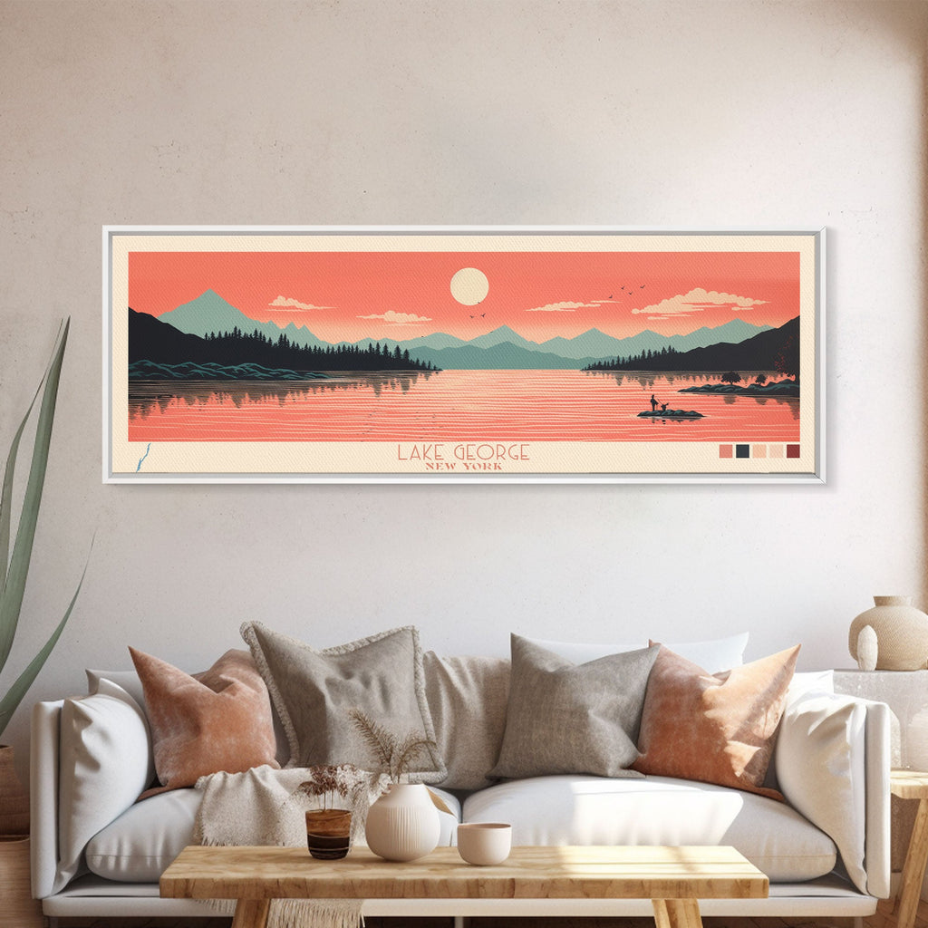 Lake George New York Framed Canvas Print, Panoramic Art, Midcentury Modern, Pop Art, Living Room Wall Art, Travel Poster, Lake House Decor
