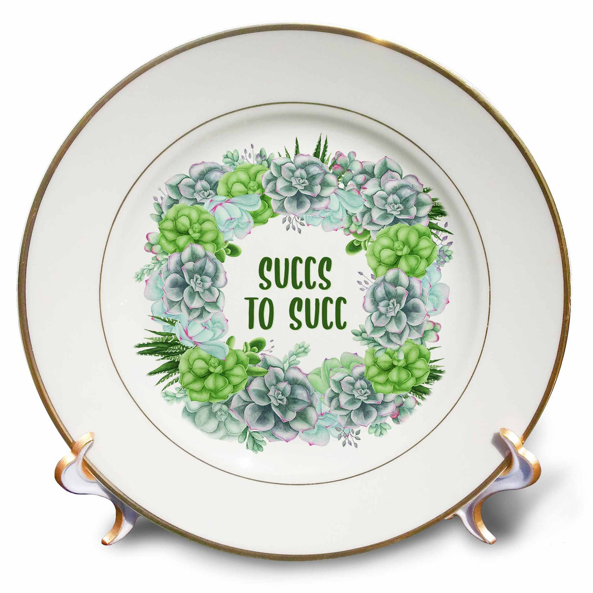 3dRose Succs to Succ in green written in a succulent wreath on white. - Plates (cp_349238)