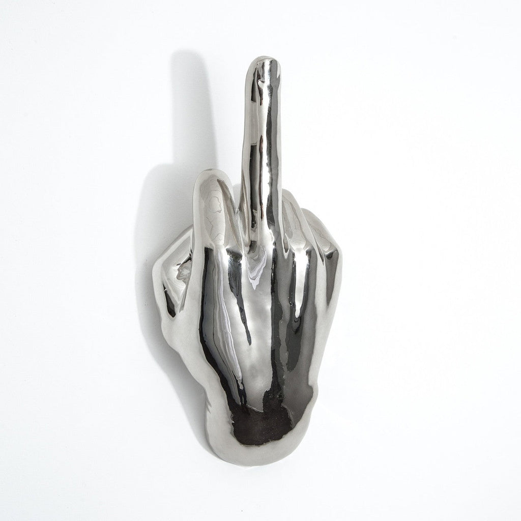 Silver Middle Finger Wall Mounted Hook | Modern Ceramic Statement Sculpture | 7" Tall