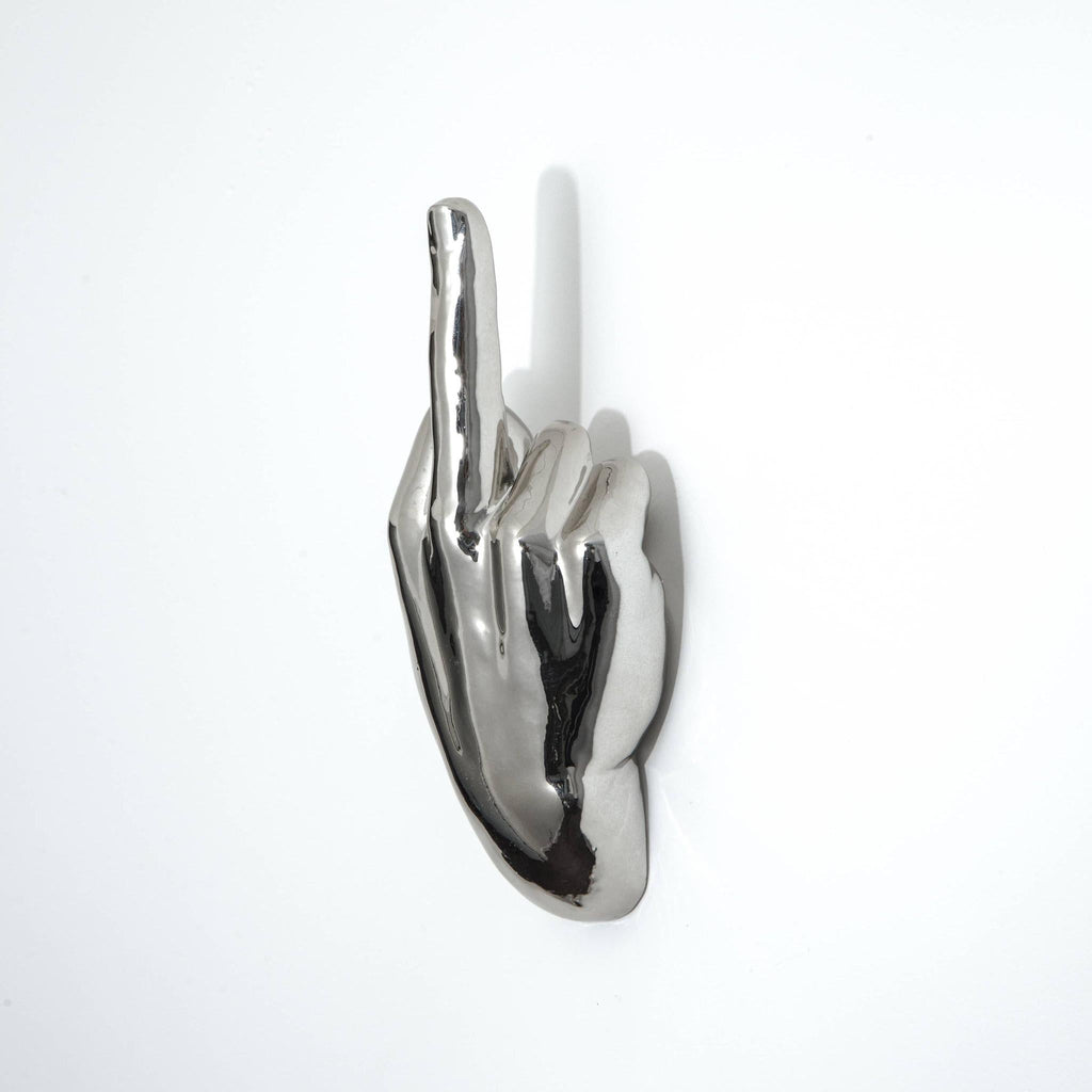 Silver Middle Finger Wall Mounted Hook | Modern Ceramic Statement Sculpture | 7" Tall