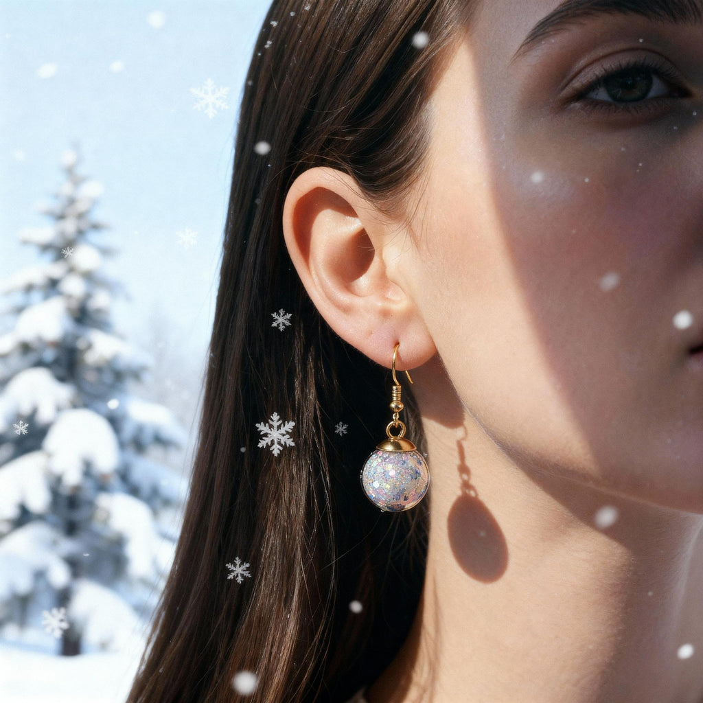 Snow Globe Xmas Party Earrings | Shimmery Snowballs Novelty Holiday Earrings