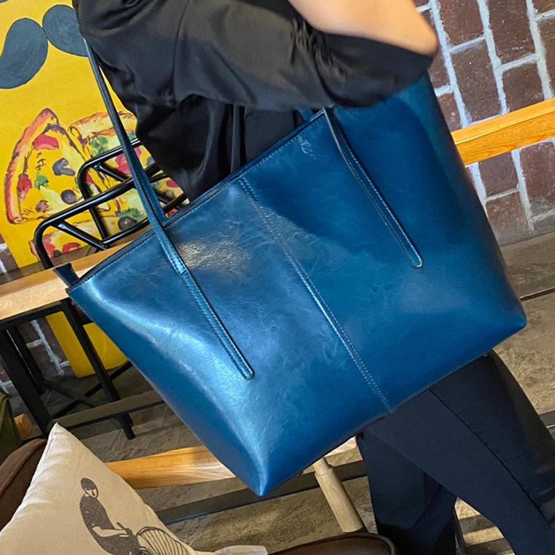 Top Grain Leather Tote Bag For Women Casual Large Shoulder Bag Simple Style Handbags Gift For Her