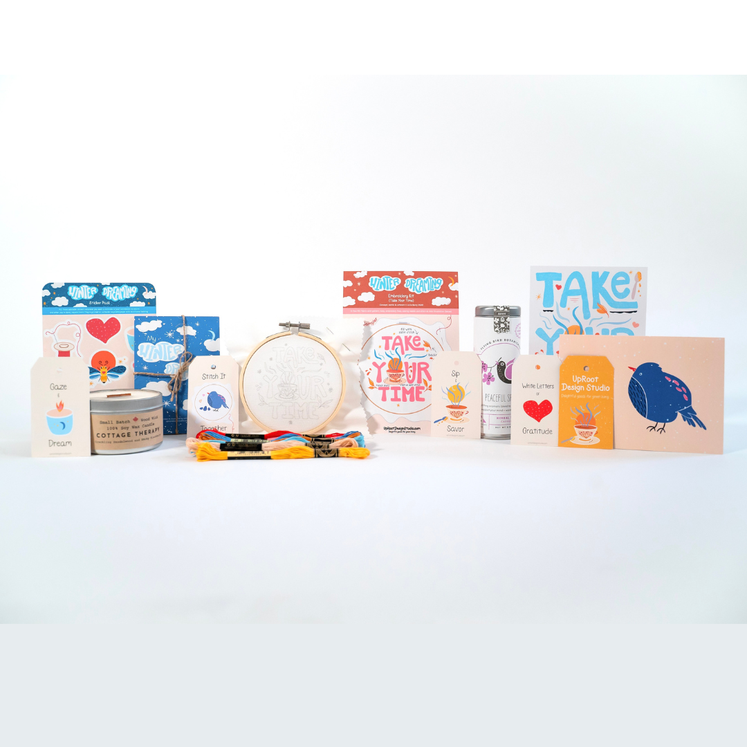 "Homey Hideaway" Gift Box: Floral Tea, Honey, Candle, Cards, Sticker, Meditations, Mini Journal, Embroidery Kit (Winter Dreaming)