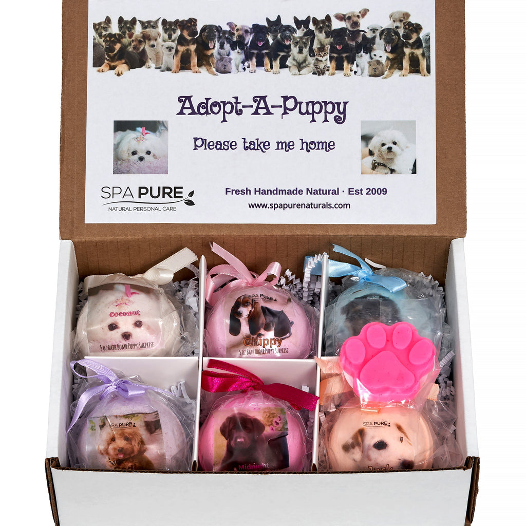 Adorable Kids Bath Bomb Gift Set, 6 Bath Bombs with (ADOPT-A-PUPPY) toys inside