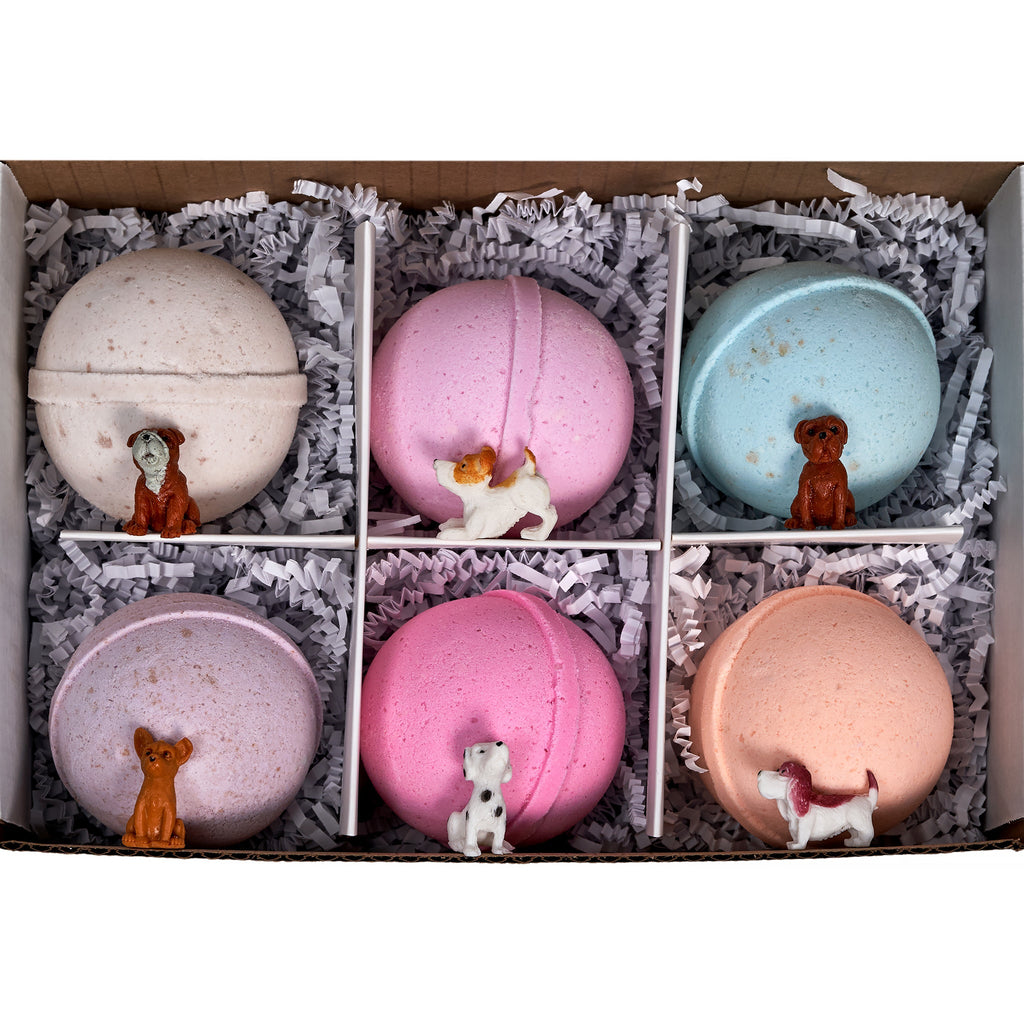 Adorable Kids Bath Bomb Gift Set, 6 Bath Bombs with (ADOPT-A-PUPPY) toys inside