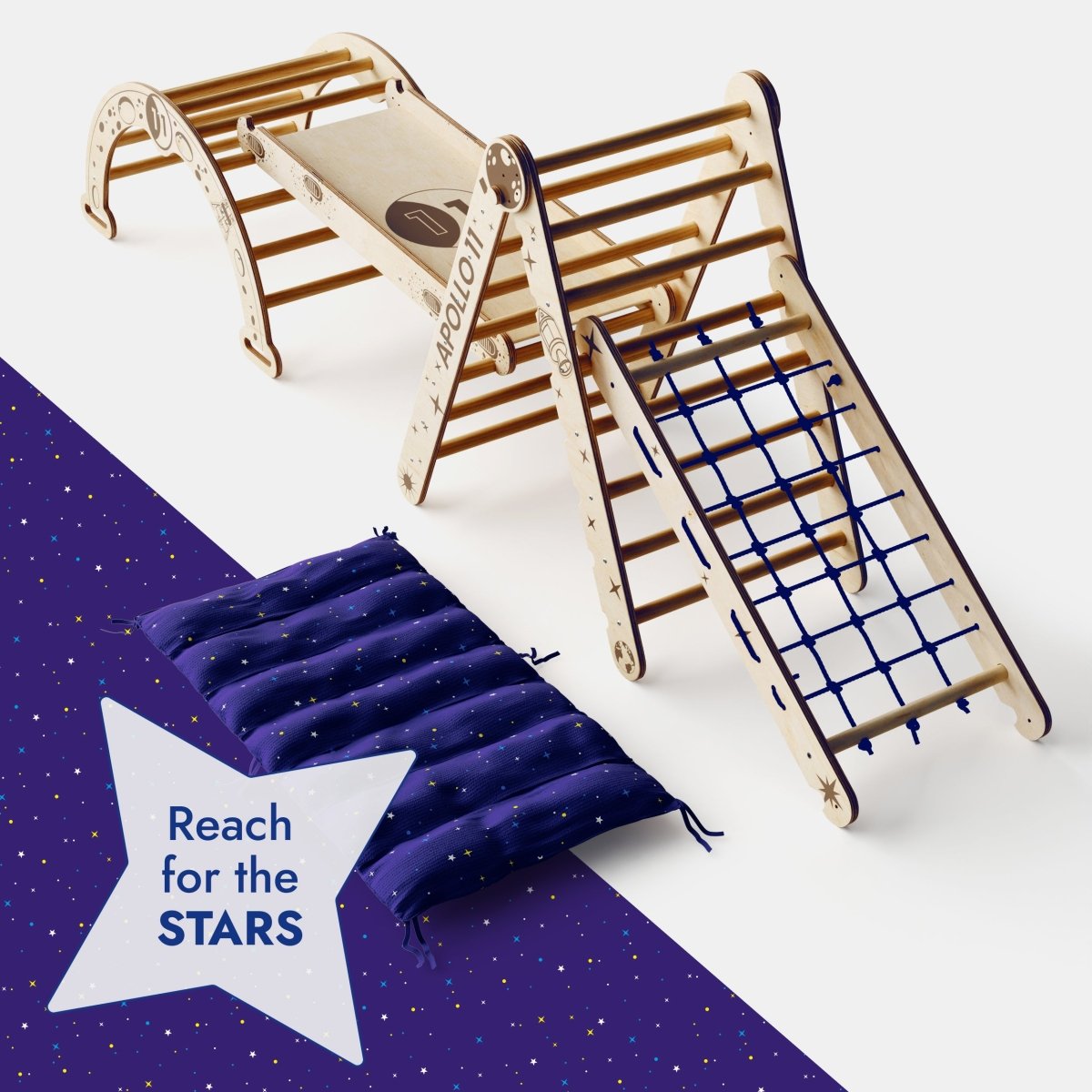 Apollo 5in1 Climbing Set:  Pikler Triangle, Net, Arch, Slide Board, and Cushion for Little Astronauts