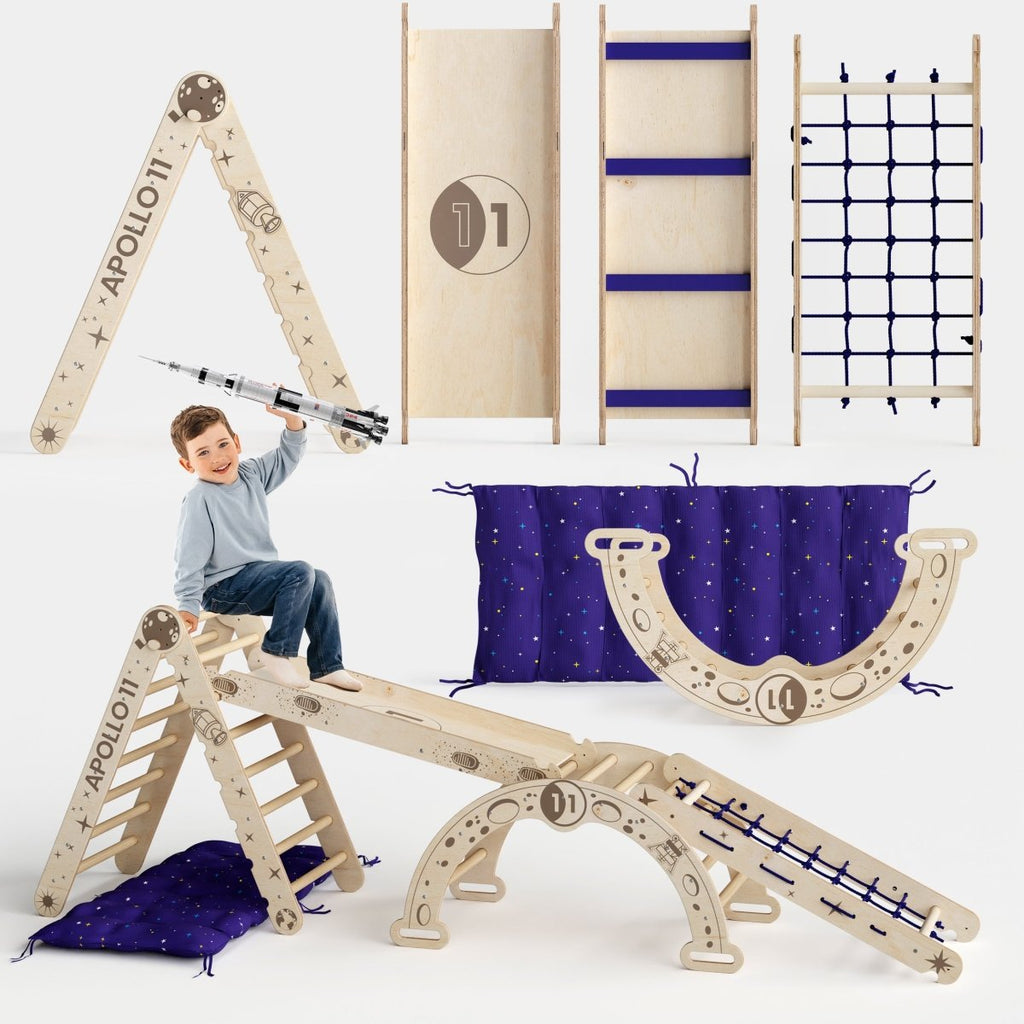Apollo 5in1 Climbing Set:  Pikler Triangle, Net, Arch, Slide Board, and Cushion for Little Astronauts
