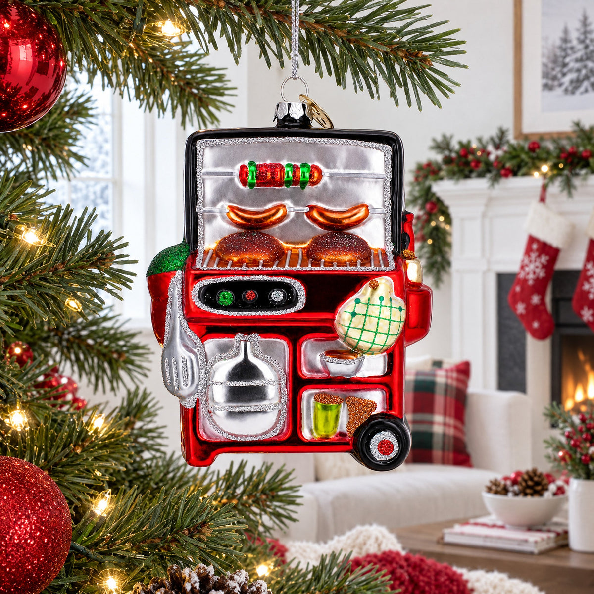 Red Barbecue Grill Glass Christmas Ornament