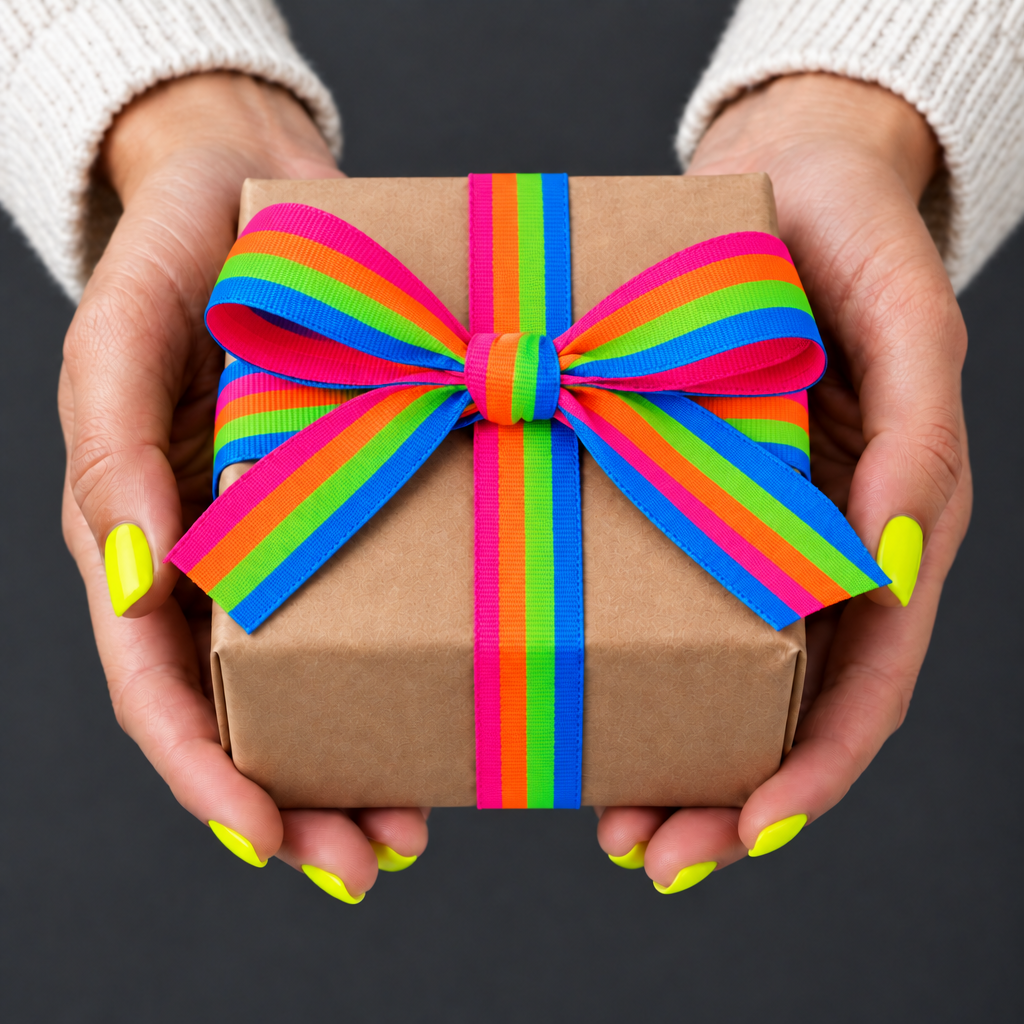 Gift box with neon ribbon, orange replacing yellow