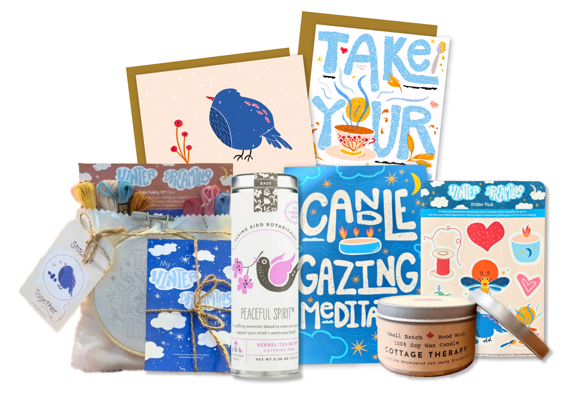 "Homey Hideaway" Gift Box: Floral Tea, Honey, Candle, Cards, Sticker, Meditations, Mini Journal, Embroidery Kit (Winter Dreaming)